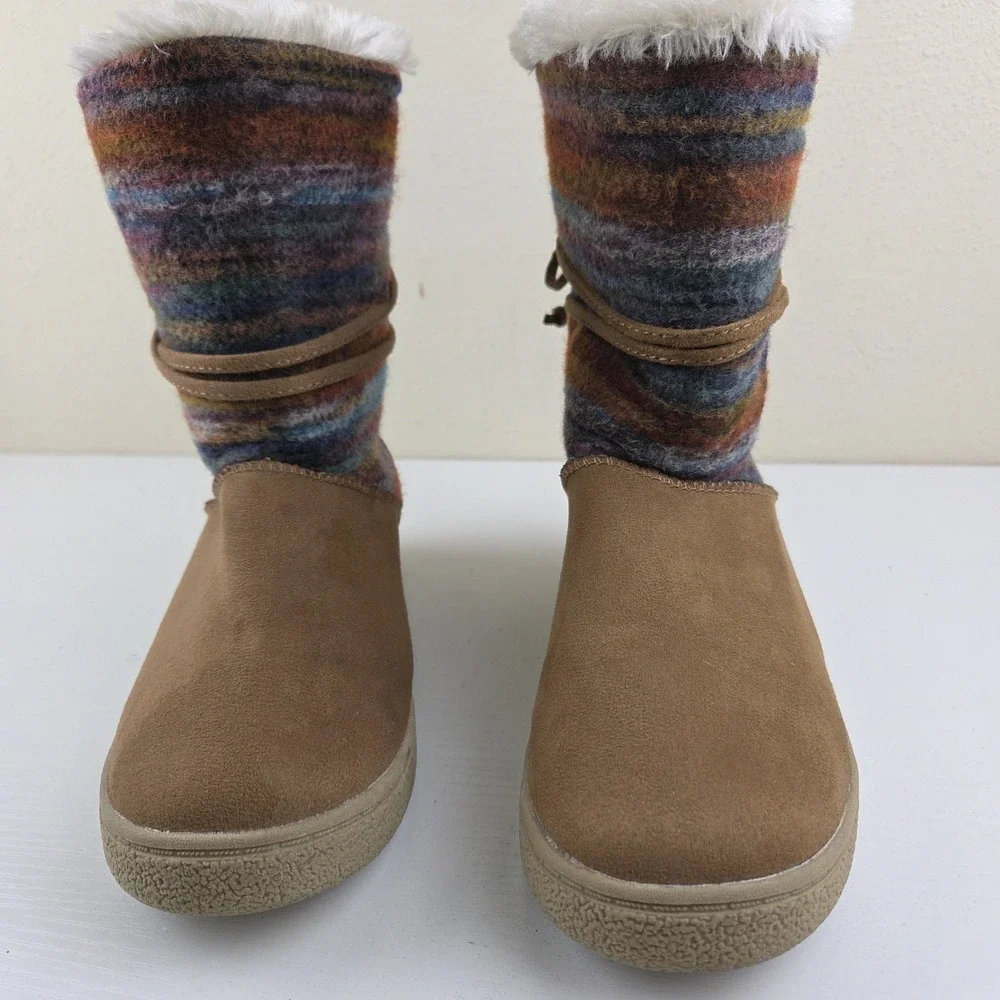 Airwalk Venus Mid Calf Boots Womens‎ Sz 7.5 Cognac Brown Multicolor Sherpa Lined